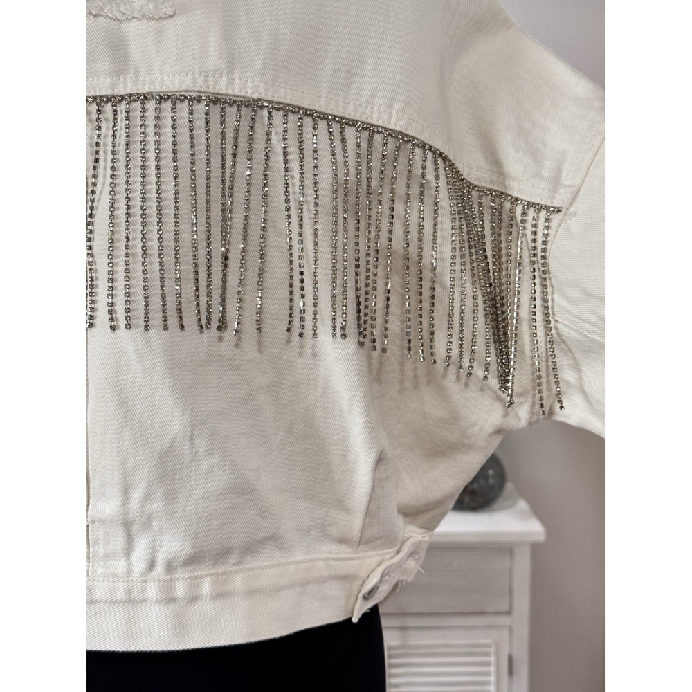 Blue B Collection Rhinestone Fringe Off White Denim Distressed Jacket Size‎ M/L - Picture 5 of 12